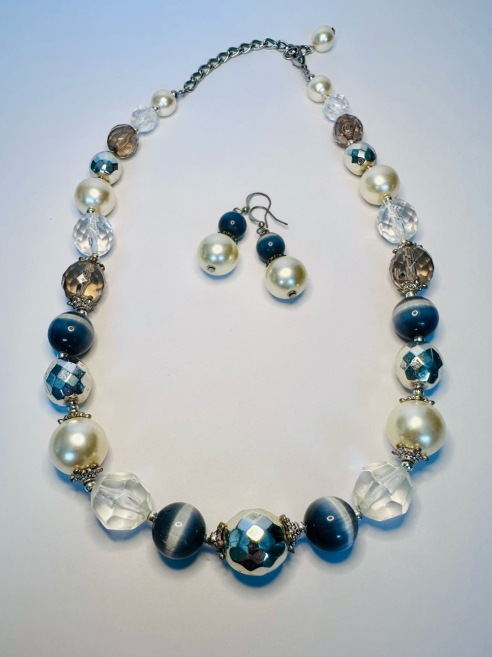 Chunky Beaded Necklace & Earring Set Pearl Crystal Silver Tone Statement Jewelry